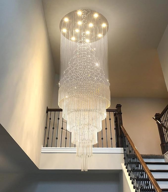 HAIXIANG W32 x H100 Glam Chandelier with LED Bulbs Crystal Raindrop High Ceiling Pendant Light for Entrance Large Villa Chandelier Foyer Lighting Fixtures Silver