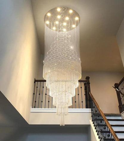 HAIXIANG W32 x H100 Glam Chandelier with LED Bulbs Crystal Raindrop High Ceiling Pendant Light for Entrance Large Villa Chandelier Foyer Lighting Fixtures Silver