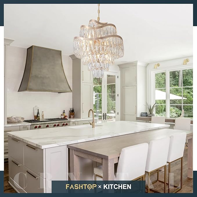 12 Lights 7-Tier K9 Crystal Gold Chandelier 20" Modern Pendant Chandelier Lighting Crystal Light Fixtures for Living Room Dining Room Bedroom Kitchen Foyer Entryway, E12