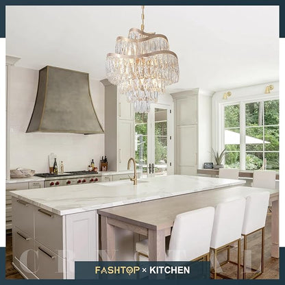 12 Lights 7-Tier K9 Crystal Gold Chandelier 20" Modern Pendant Chandelier Lighting Crystal Light Fixtures for Living Room Dining Room Bedroom Kitchen Foyer Entryway, E12