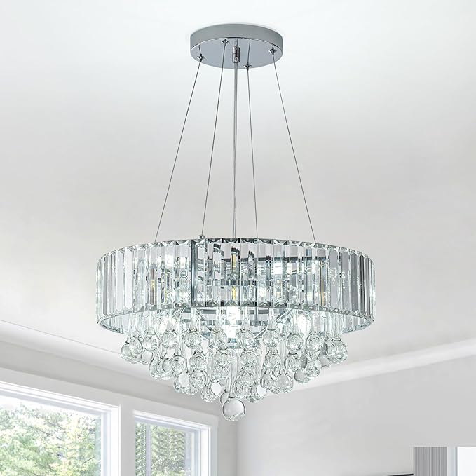 HOPGGIE 17 Inch Crystal Chandeliers Flush Mount Chandelier G9 Base Round Modern Ceiling Light Fixture Pendant Lighting for Living Room Dining Room Laundry Room Kitchen Bedroom (Chrome)