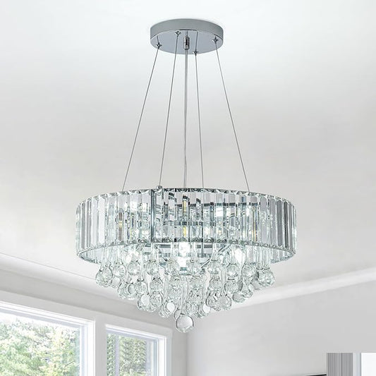 HOPGGIE 17 Inch Crystal Chandeliers Flush Mount Chandelier G9 Base Round Modern Ceiling Light Fixture Pendant Lighting for Living Room Dining Room Laundry Room Kitchen Bedroom (Chrome)