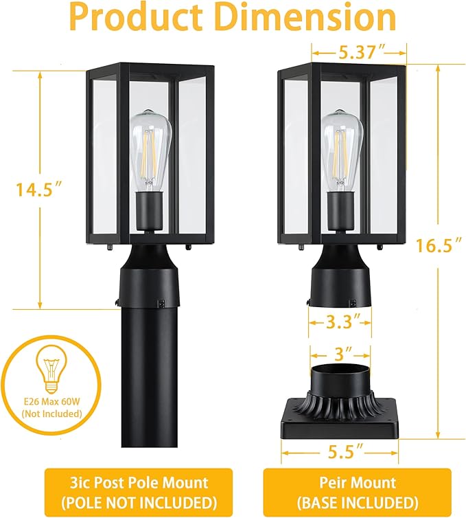 Outdoor Post Lights with Pier Mount Base, 2-Pack Modern Lamp Post Light Fixture Waterproof Pole Lights Outdoor Column Lights Exterior Post Lantern with Clear Glass for Garden Patio