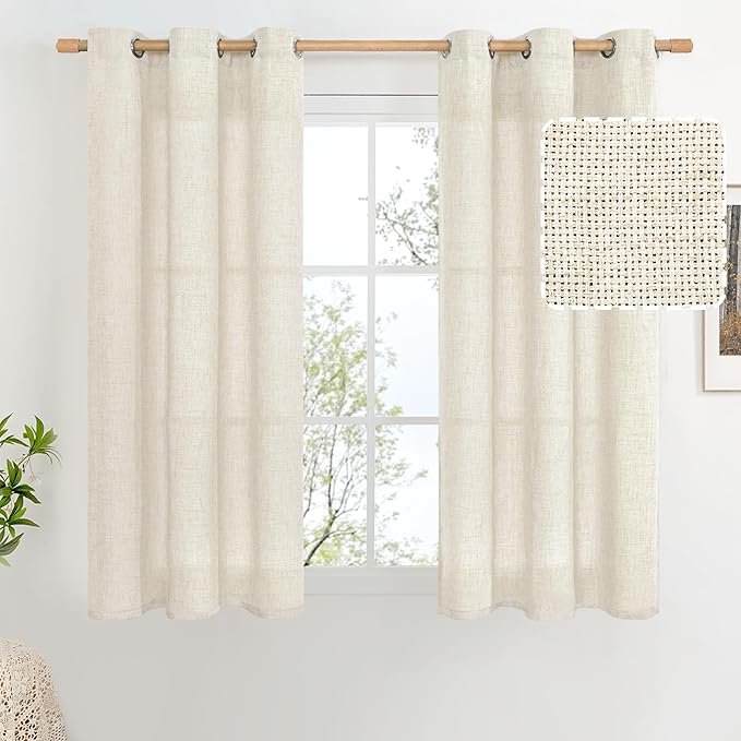 BGment 40 Inch Short Curtains for Small Window, Light Filtering Linen Burlap Textured Window Treatments Grommet Sheer Drapes for Kitchen Cafe, 2 Panels, Natural, 42 X 40 Inch