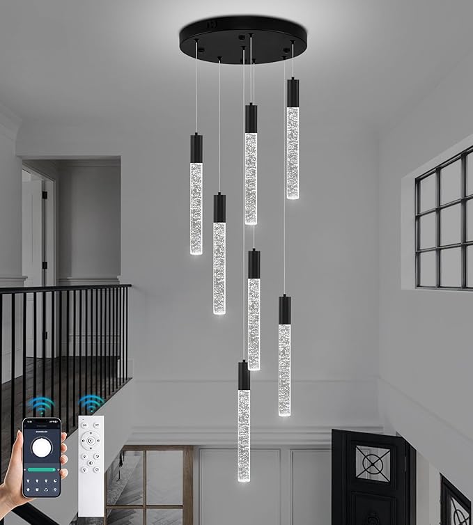 Modern High Ceiling Crystal Chandelier 7-Lights, Spiral LED Raindrop Foyer Pendant Lighting, Bubble Staircase Living Room Hanging Light Fixture Flush Mount Black