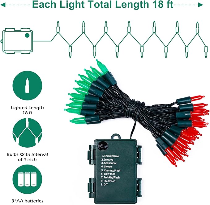 RECESKY 2 Pack Christmas String Lights with Built-in Timer - Total 100 LED 36ft Fairy Battery String Lights - Mini Lighting for Wedding Festival Roofline Porch Christmas Eve Decorations - Red Green