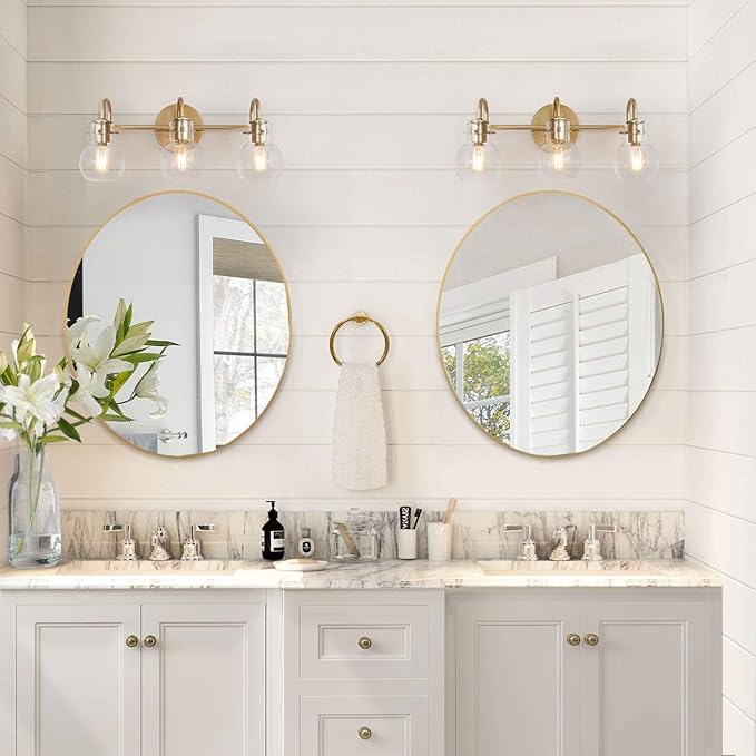 KSANA Gold Bathroom Light Fixtures, 3 Light Modern Vanity Lights Over Mirror with Globe Clear Glass Shades for Bedroom, Kitchen, Powder Room