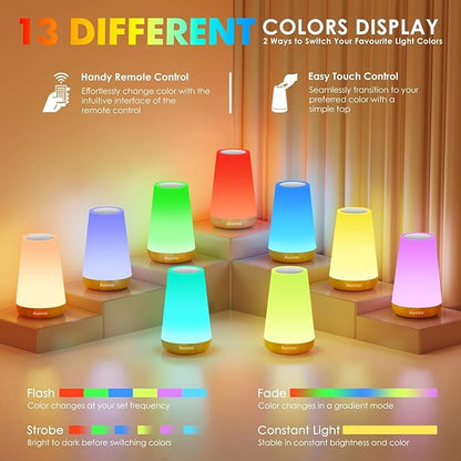 Auxmir Rechargeable LED Night Light, Touch & Remote Control Bedside Lamp with 13 Colors, 5 Brightness Levels, Portable Table Lamp for Kids Baby Nursery, Bedroom, Bathroom, Camping, Light Brown-2 Pack