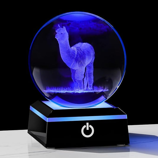 Llama Gifts for Women 3D Crystal Ball with 7-Color Changing Base - Llama Stuff Statue Home Decor - Glass Llama Figurine for Shelf Desk Office or Bedroom