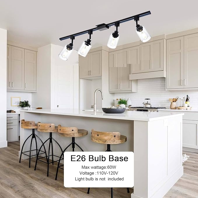 4 Pack H Track Lighting Heads Black Track Lighting Fixtures Ceiling with Clear Glass Shades, H Type Track Lighting Replacement Heads Indoor Spotlight for Accent Retail Kitchen Island Lighting