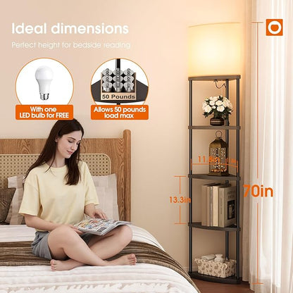 addlon Floor Lamp with Shelves, 5-Tier Adjustable Corner Lamp with 3 Color Temperatures & Linen Shade, Modern Floor Lamps for Living Room, Home Office & Bedroom (E26 LED Bulb Included, 800lm) - Black