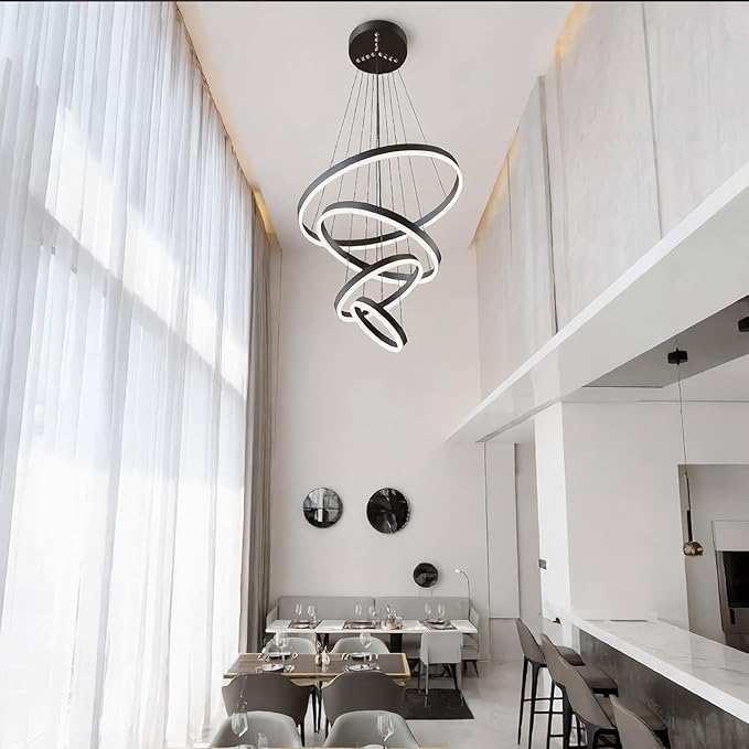 Modern LED Pendant Light, Black 4 Ring Circular Chandelier Fixture, Adjustable Height Circular Entrance Pendant Light, Suitable for Restaurants, Kitchens, Islands, Living Rooms, Cafes, Etc. (4000K)
