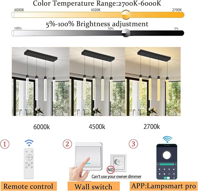 4-Lights Black Modern Crystal Column Chandeliers for Dining Room Dimmable LED Adjustable Height Hanging Pendant Light for Kitchen Island,Bedroom,Over Table,Living Room