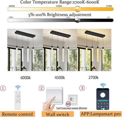 4-Lights Black Modern Crystal Column Chandeliers for Dining Room Dimmable LED Adjustable Height Hanging Pendant Light for Kitchen Island,Bedroom,Over Table,Living Room