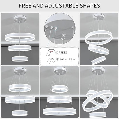 O'NEELDY Modern LED Chandeliers Adjustable Hanging White Pendant Light Fixture 3 Ring Flush Mount Chandeliers for Bedroom,Kitchen,Island Cafe