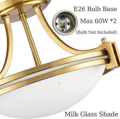 12-Inch Gold Semi Flush Mount Ceiling Light Milk Glass Light Fixture Mid Century Modern 2-Light Brass Glass Ceiling Light for Hallway Bedroom Foyer
