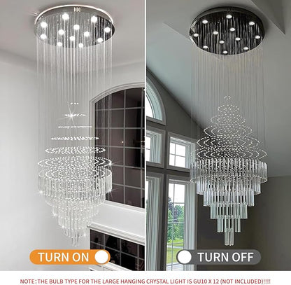Luxury Large Foyer Chandelier, Modern 12-Lights Round Raindrop Crystal Chandeliers High Ceiling Flush Mount Light Fixtures for Hallway, Entryway, Stairs,Front Entrance D31.5 X H86.7 of CRYSTOP