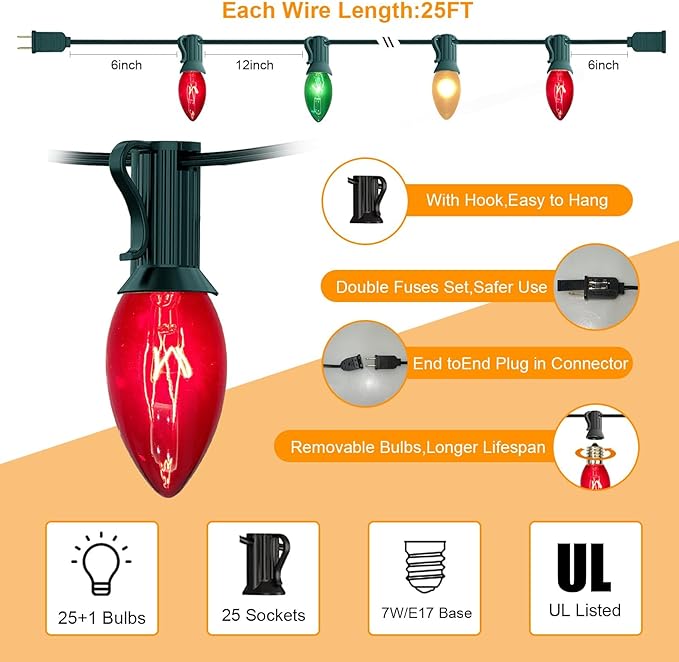 25Ft C9 Christmas Multicolor String Lights, Vintage Christmas Lights with 27 C9 Clear Red/Green/Frosted White Bulbs, Outdoor Hanging Patio Lights for Xmas Tree Path Roofline Wedding Party Decoration
