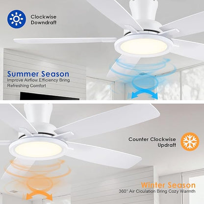 BYKISTOK Flush Mount RGB Ceiling Fan with RGB Light - 52In White Ceiling Fan Light with Reversible Mute Motor, 3CCT LED Dimmable, Low Profile Modern Ceiling Fans for Indoor, Party, Living Room
