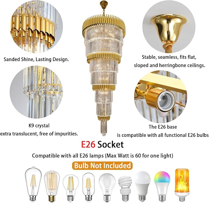 Luxury Gold Crystal Chandelier for High Ceiling, 32" 7-Tier Long Crystal Chandeliers, Adjustable Height Chandelier for Foyer, Villa, Staircase, Entryway