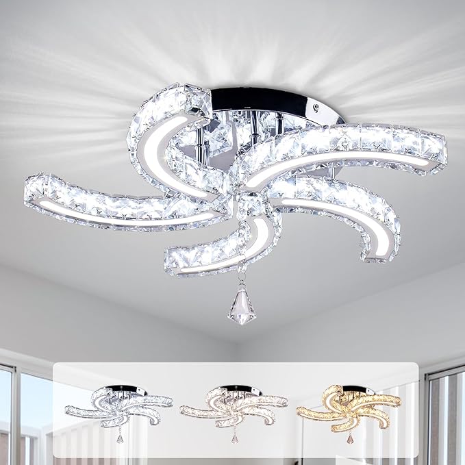 Crystal Chandelier 19.7” Crystal Ceiling Light Acrylic Modern Chandeliers 5 Arms Led Flush Mount Ceiling Light Fixture Lamp for Dining Room Living Room Bedroom Hallway (Multicolor)