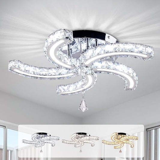 Crystal Chandelier 19.7” Crystal Ceiling Light Acrylic Modern Chandeliers 5 Arms Led Flush Mount Ceiling Light Fixture Lamp for Dining Room Living Room Bedroom Hallway (Multicolor)