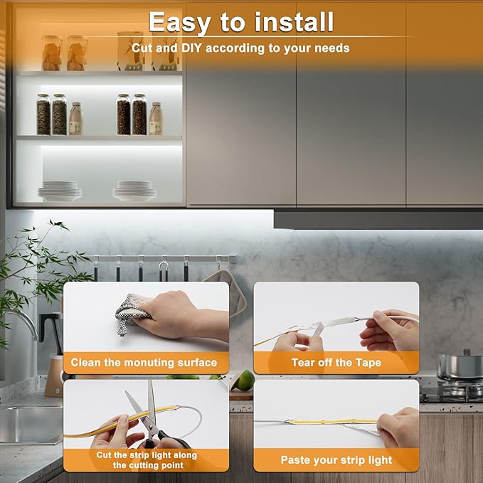 PAUTIX COB LED Strip Light Under Cabinet Lighting,White Led Strip Light 6500K,Dimmable Led Tape Lights Cool White with RF Remote,24V LED Tape,for Mirror,Stair,Kitchen,Desk,Closets