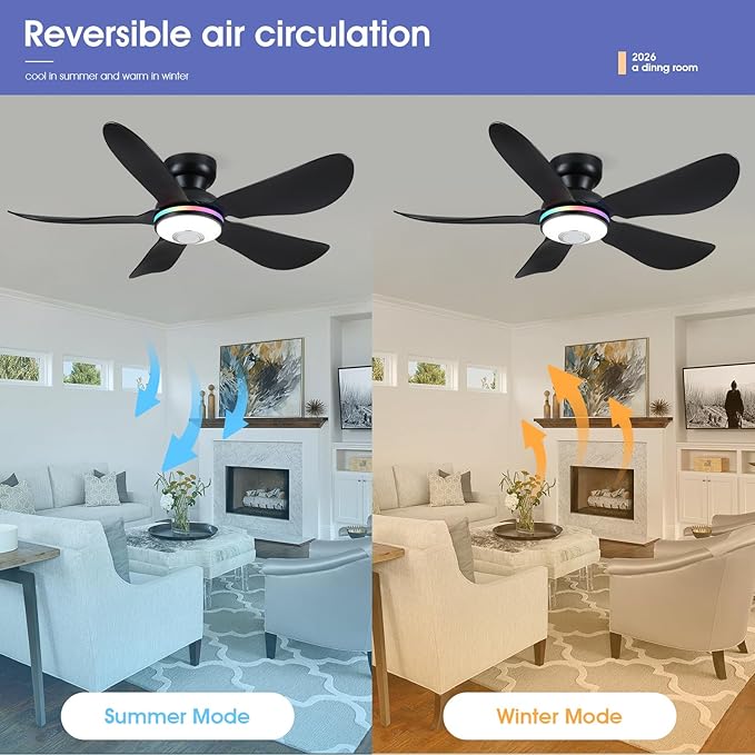 Kviflon 46" Ceiling Fans with RGB Lights Remote/APP Control, Low Profile, 3 CCT Dimmable White Lights+RGB Ring Lights+Music Player, 5 Reversible Plastic Blades 6 Speeds for Kidsroom, Black