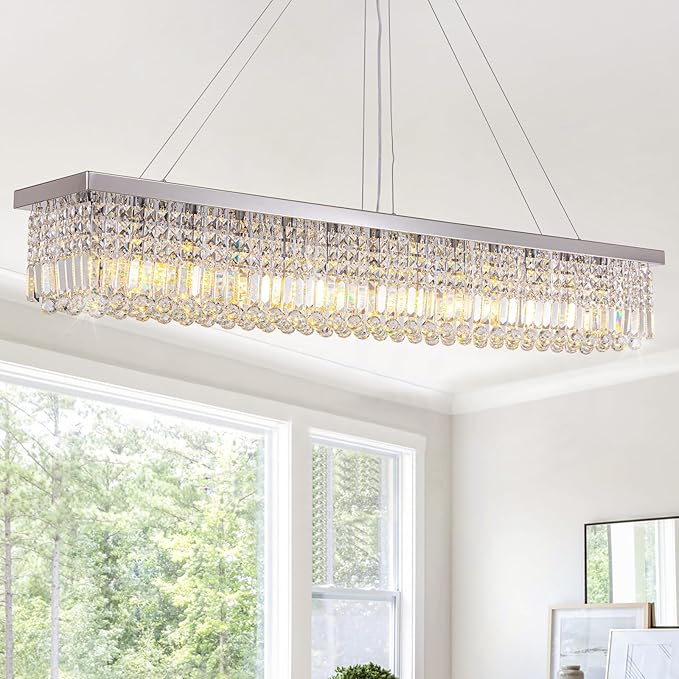 Large Modern Crystal Chandeliers for Dining Room Light Fixture, 13-Light Rectangle Chandelier for Kitchen Island Living Room, L59 Inch, Chrome Finish