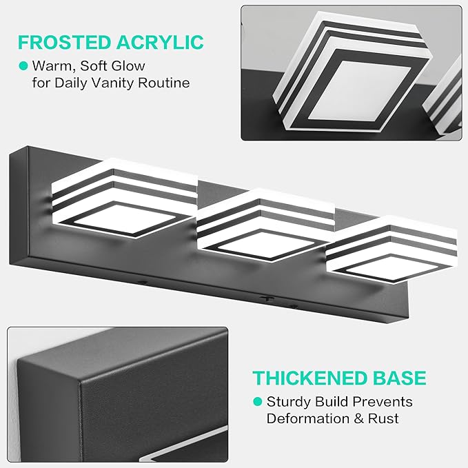SOLFART LED Bathroom Vanity Light Fixtures： 3 Light Matte Black Modern Acrylic Bathroom Wall Lighting Fixtures Over Mirror 5CCT