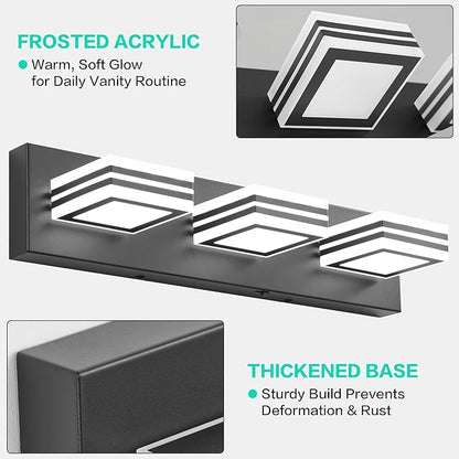 SOLFART LED Bathroom Vanity Light Fixtures： 3 Light Matte Black Modern Acrylic Bathroom Wall Lighting Fixtures Over Mirror 5CCT