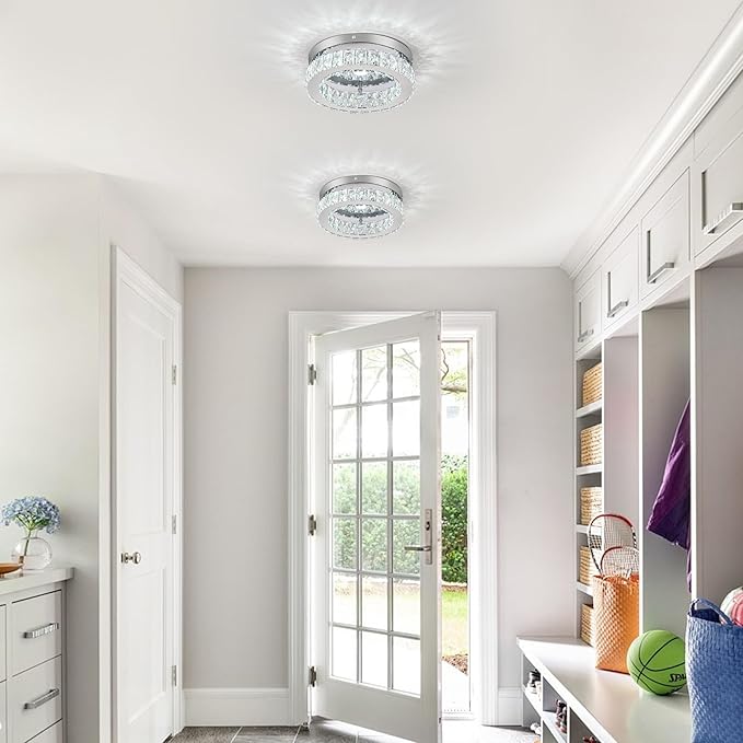 HOPGGIE 11.8“ Mini Crystal Chandelier LED Ceiling Light Flush Mount Ceiling Light Fixtures Modern Chandelier Lighting for Kitchen Closet Hallway Bedroom Foyer Laundry Room (Cool white-11.8")