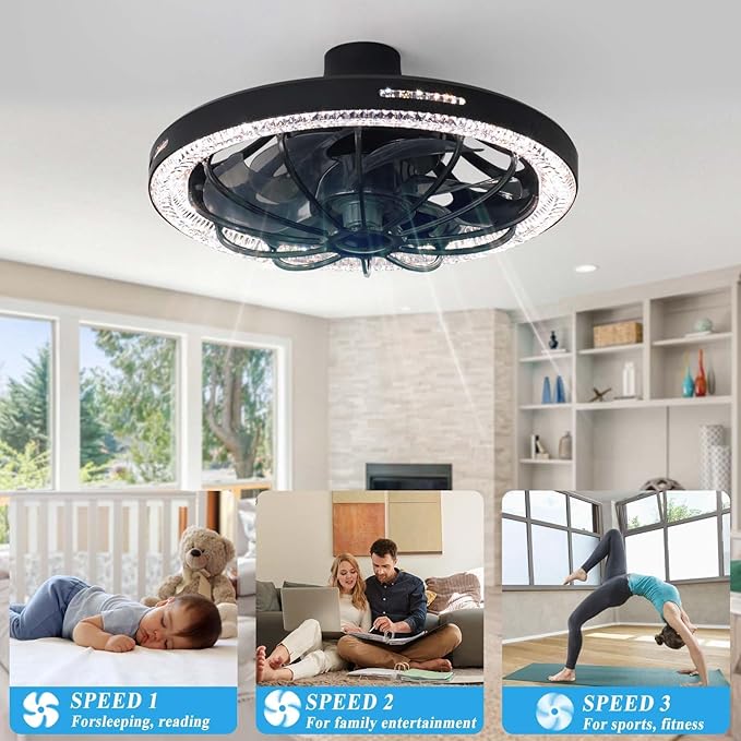 Socket Fan Light with Remote, 13 inch Socket Ceiling Fan with Dimmable Led Light, 3 Colors 3000K-6500K, 3 Speeds, Flush Mount Ceiling Fans with Lights for Bedroom, Kitchen, Living Room-Black