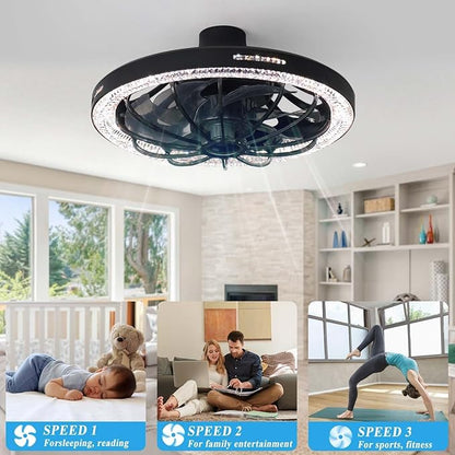 Socket Fan Light with Remote, 13 inch Socket Ceiling Fan with Dimmable Led Light, 3 Colors 3000K-6500K, 3 Speeds, Flush Mount Ceiling Fans with Lights for Bedroom, Kitchen, Living Room-Black