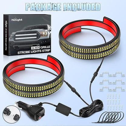 Nilight 2PCS 24 inch Truck Grille Strobe Lights Strip 384 LED Emergency Light White Flexible Side Flashing Warning Caution Safety Waterproof Lighting Kit for Trucks Tow Plow Construction Vehicles