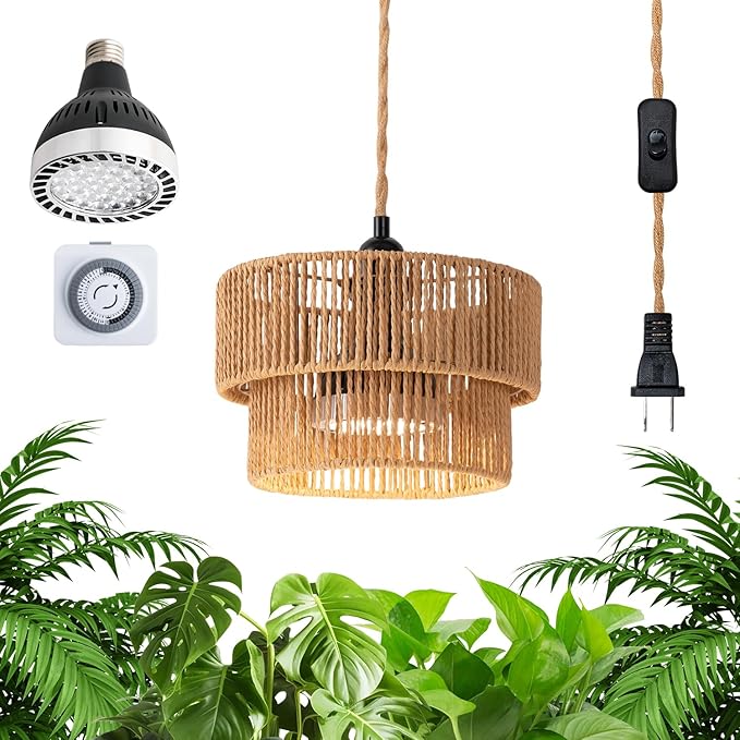 Hanging Grow Light for Indoor Plants, 30W Full Spectrum 4000K Plug-in Pendant Grow Lamp with Timer, 15FT Cord, Adjustable Hanging Kit for Tall Plants, Seedlings, Succulents