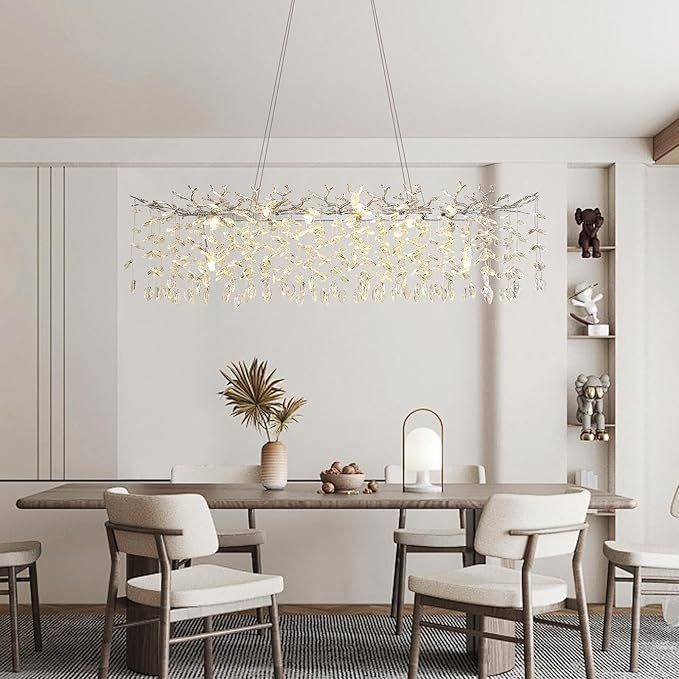 Modern Crystal Tree Branches Chandelier, 47.5in Silver 14 Lights Large Ceiling Hanging Light for Dining Room, Rectangle Raindrop Pendant Light Fixture