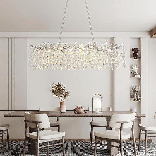 Modern Crystal Tree Branches Chandelier, 47.5in Silver 14 Lights Large Ceiling Hanging Light for Dining Room, Rectangle Raindrop Pendant Light Fixture