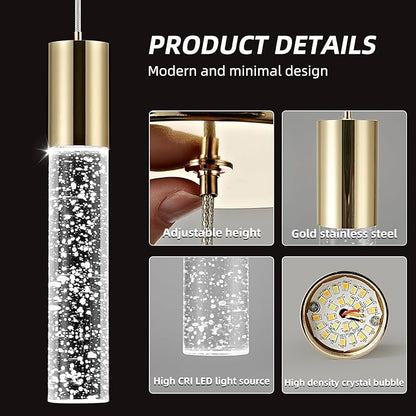 OKELI Modern Pendant Lights,LED Bubble Crystal Kitchen Island Light Fixtures,Mini Single Pendant Lighting for Kitchen Island,Bar,6W,6000K,Gold,3Pack