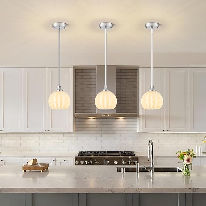 Brushed Nickel Pendant Lights Kitchen Island, 7.3" 1-Light Modern Milk Glass Globe Light Fixtures with Adjustable Rods, Hanging Ceiling Lighting for Sink, Hallway (E26 Base)