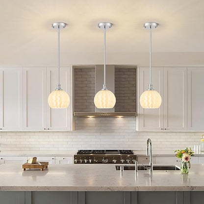 Brushed Nickel Pendant Lights Kitchen Island, 7.3" 1-Light Modern Milk Glass Globe Light Fixtures with Adjustable Rods, Hanging Ceiling Lighting for Sink, Hallway (E26 Base)