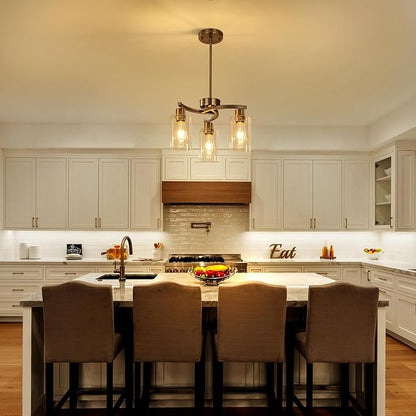 3 Light Brushed Nickel Dining Room Light Fixture,Modern Kitchen Chandeliers Over Table，Adjustable Height Industrial Hanging Pendant Lights for Kitchen Island with Glass Shade