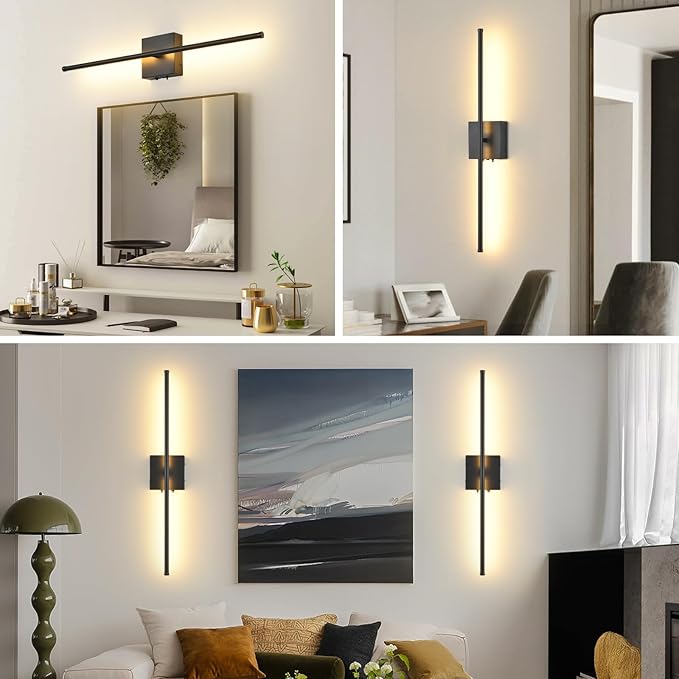 Battery Operated Wall Sconces with Remote Control, 11000mAh LED Wireless Rechargeable Black Wall Lights, 350°Rotate Dimmable Wall Lamp, 3 Color Temperatures, for Bedroom, Living Room, Hallway, 2 PCS