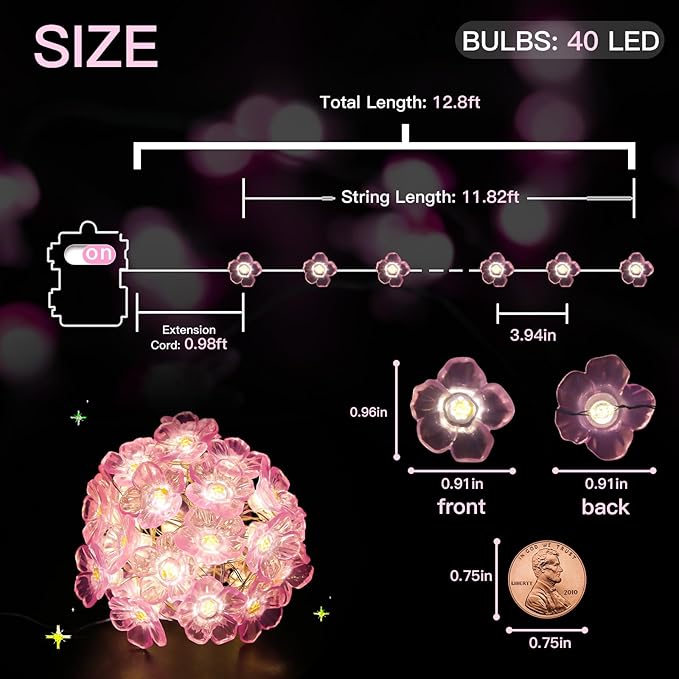 suddus Cherry Blossom Lights, 12.8 ft 40 LED Flower String Lights Battery Operated with Remote, Pink Fairy Light for Bedroom, Holiday, Party, Indoor,Christmas