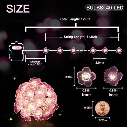 suddus Cherry Blossom Lights, 12.8 ft 40 LED Flower String Lights Battery Operated with Remote, Pink Fairy Light for Bedroom, Holiday, Party, Indoor,Christmas