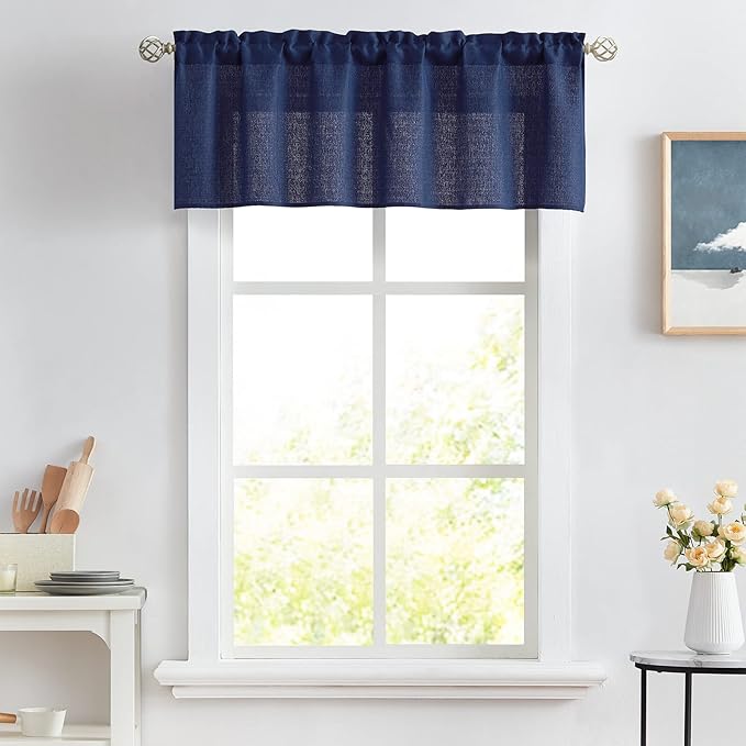 Melodieux Navy Semi Sheer Curtain Valance for Kitchen Cafe Small Windows Linen Look Rod Pocket, 52 by 18 Inch, 1 Panel