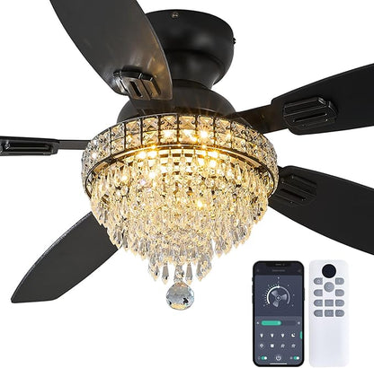 Crystal Ceiling Fan Fandelier with Lights-Ceiling Fans with Lights,54" Low Profile and Remote Control, Flush Mount, Reversible, Dimmable, Noiseless, Black Ceiling Fan for Bedroom