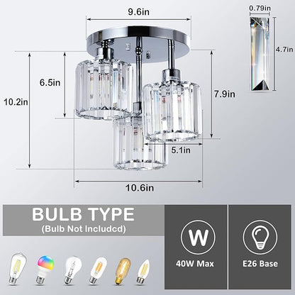 PAUFUL Semi Flush Mount Ceiling Light,3-Light Modern Close to Ceiling Light Fixtures,Kitchen Light with Clear Crystal Shades, Hallway Light Fixtures for Kitchen Entryway Bedroom Bathroom Foyer