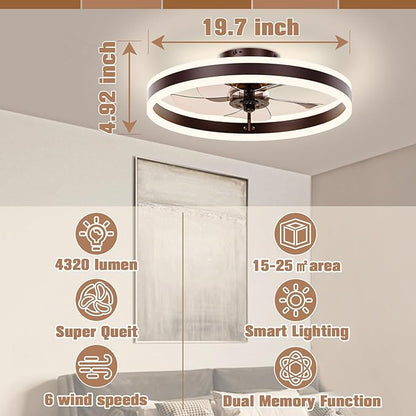 VOLISUN Low Profile Ceiling Fans with Lights and Remote, 19.7in Flush Mount Ceiling Fans with Light, 3000K-6500K Dimmable Fandelier LED Fan Light, Brown Bladeless Ceiling Fans with Lights for Bedroom