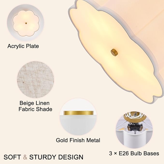 12.99“ Semi Flush Mount Ceiling Light Fixture Modern 3-Lights Gold Drum Ceiling Lighting Vintage Linen Ceiling Lamp for Laundry Room, Kitchen, Basement, Dining Room, Bedroom